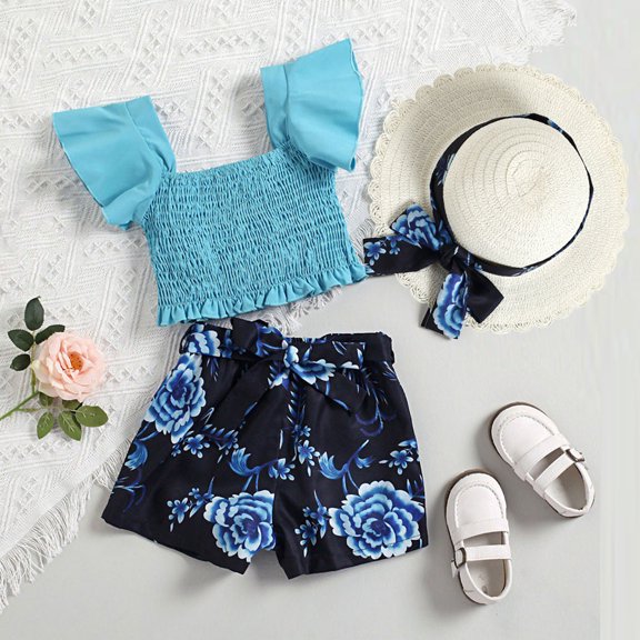 URMAGIC 1-6T Toddler Girls Smocked Crop Tops Shorts Match Straw Hat 3PCS Summer Outfits