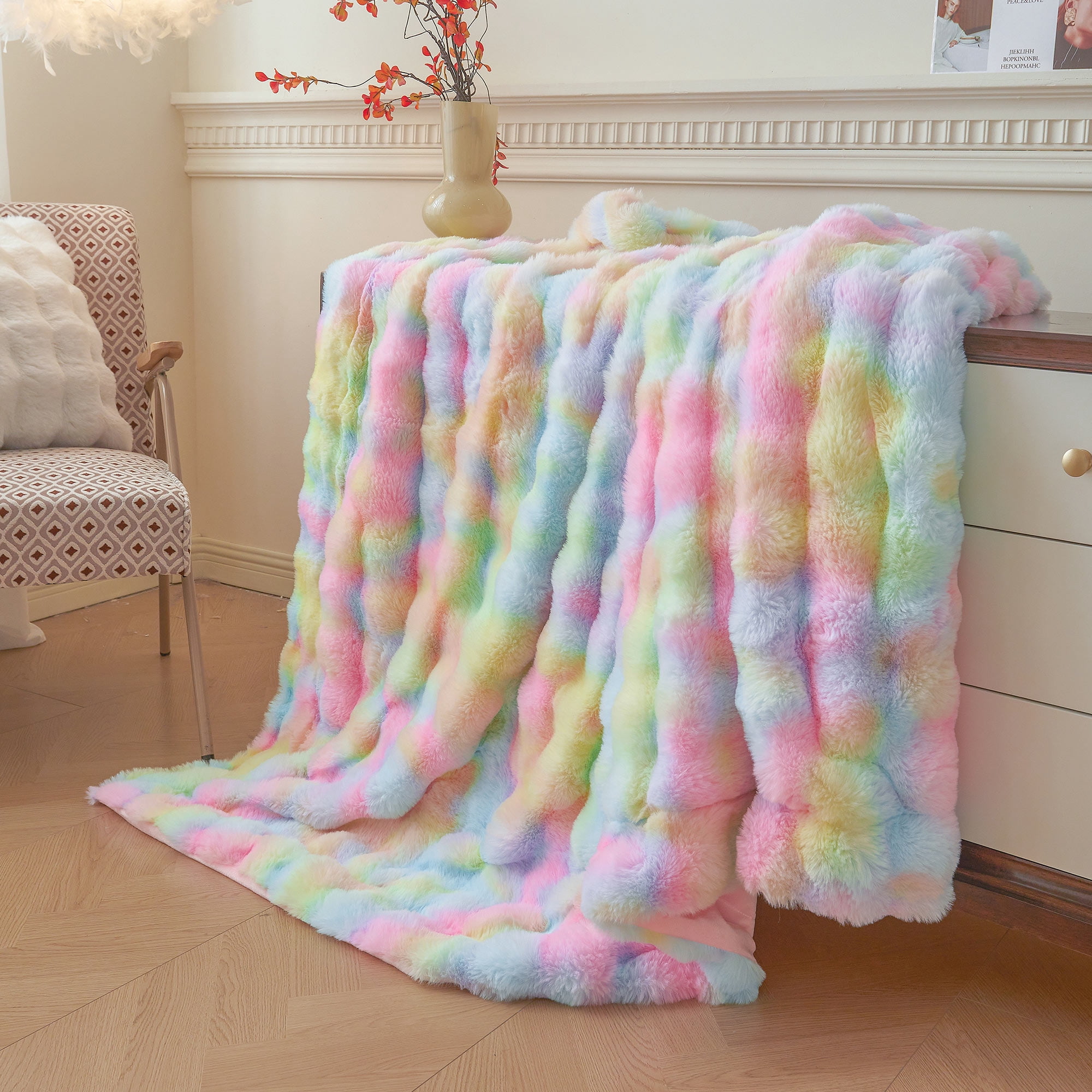 LIFEREVO Fluffy Faux Rabbit Fur Bubble Throw, Rainbow Plush Shaggy Blanket for Couch Sofa Chair, Soft Tie Dye Furry Blanket Adults Kids Girls, Fuzzy Throw for Bedroom Living Room, 50x60, Rainbow