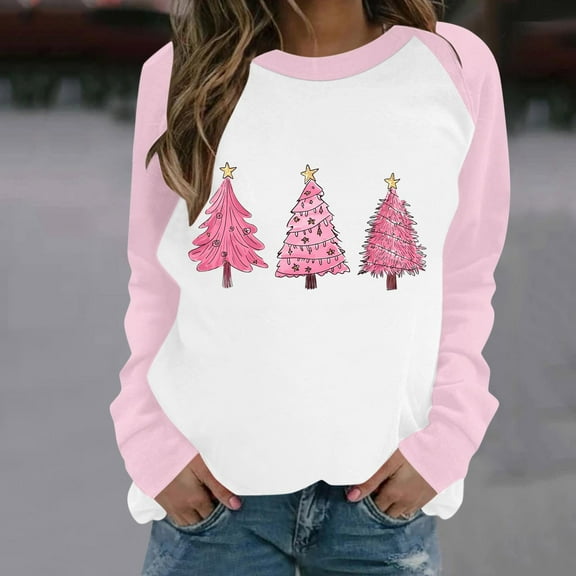 LEAVINGSUO Women Plus Size Hoodies,Women's Casual Christmas Printed Long-sleeved Round-neck Raglan Sweater Pink S