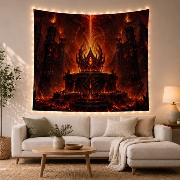 Flaming Throne in a Burning Hall, Dramatic Gothic Art for Dark Fantasy Fans, Underworld Decor, Halloween Gift, Tapestry Wall Hanging for Bedroom, Gaming Room and Den