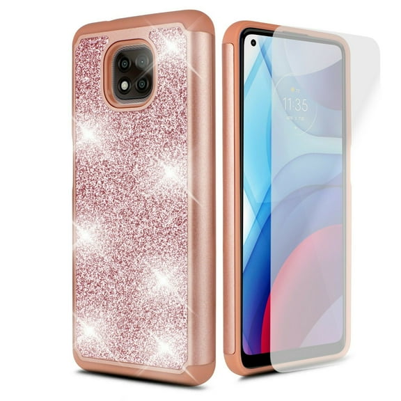 for Motorola Moto G Power 2021 with Temper Glass Phone Case Glitter Shock proof Edge Scratch Shield Hybrid Layers Slim Bumper Cover