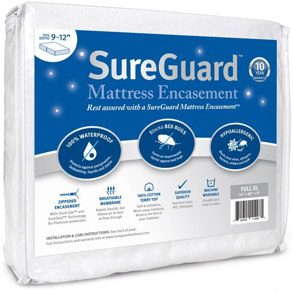 Full XL (9-12 in. Deep) SureGuard Mattress Encasement - 100% Waterproof, Bed Bug Proof, Hypoallergenic - Premium Zippered Six-Sided Cover