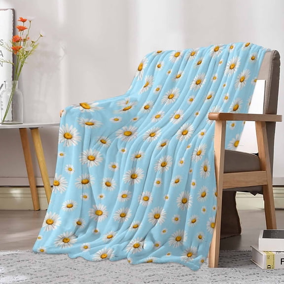 Fleece Blanket Spring Flowers Daisy Blankets, Soft Cozy Warm Flannel Throw Blanket, Country Floral on Blue Blanket for Bed Couch Sofa,30x40In