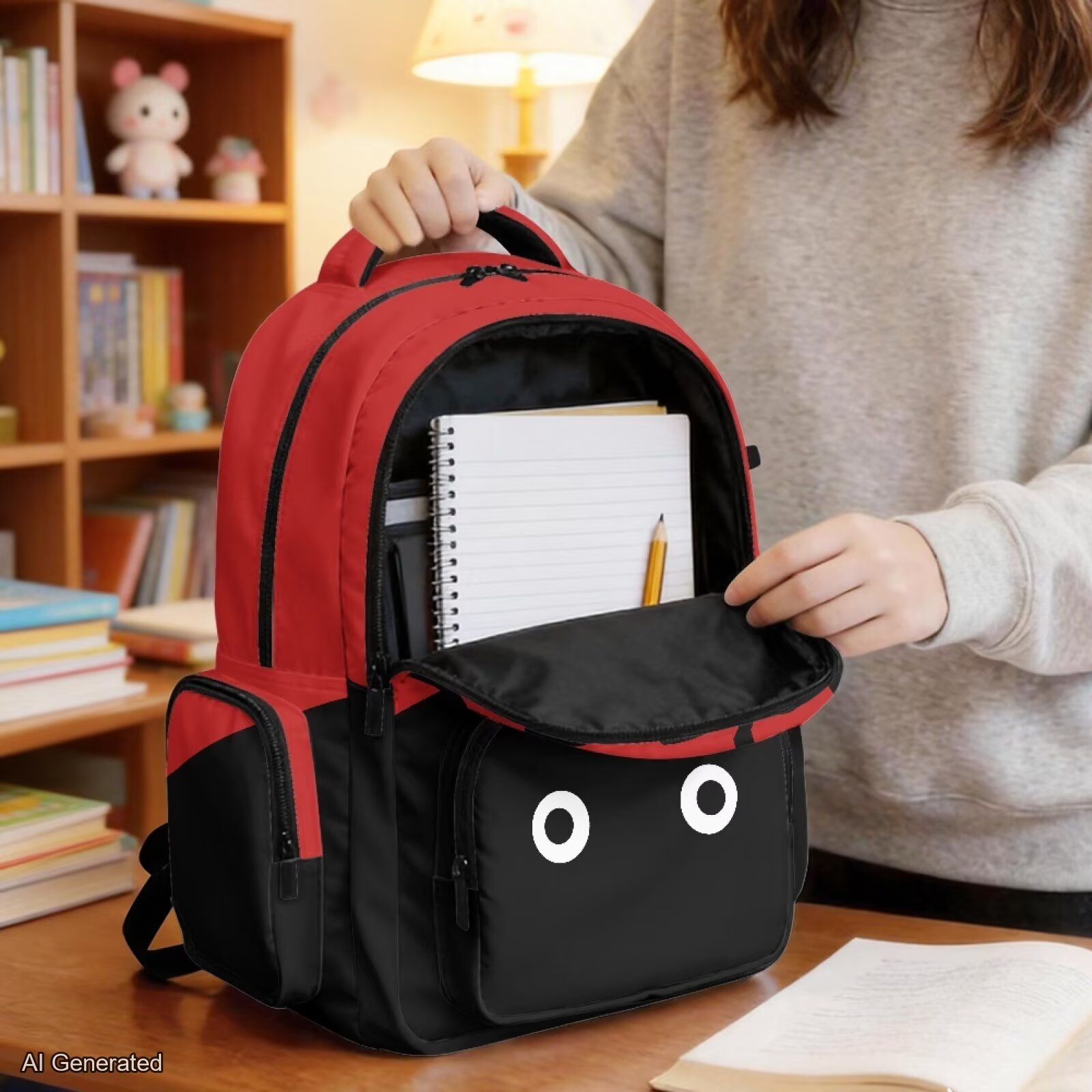 Mochila escolar de 17 pulgadas para niños, espaciosa, con múltiples bolsillos, estampado de mariquita, ligera 5