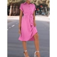 thumbnail image 5 of Women'S Collar Neck Button Down Tie Waist Short Sleeve A Line Midi Shirt Dress Rose Red L, 5 of 10