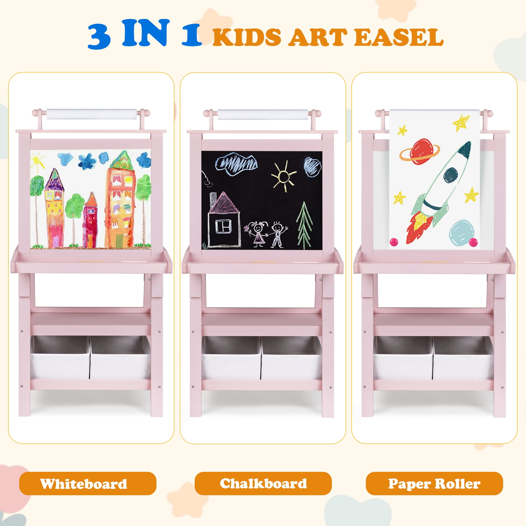AILEEKISS 3 in 1 Kids Art Easel Double-Sided Magnetic Whiteboard Chalkboard with Paper Roller, Pink