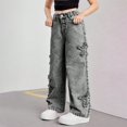 thumbnail image 4 of YunPes Girls Y2K Denim Pants Frayed Star Embroidered Wide Leg Pants with Elastic Waist Trendy Straight Leg Trousers Hip-Pop Streetwear, 4 of 6
