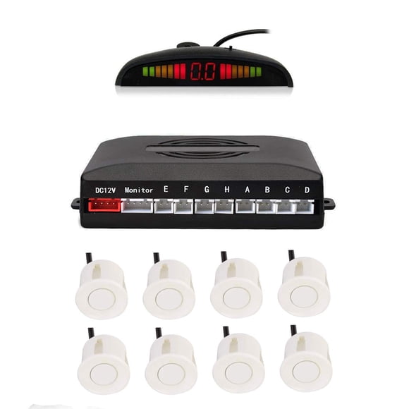 Car Reverse Parking sensors System with 8 Parking Sensors Distance Detection + LED Distance Display + Sound Warning (White Color)