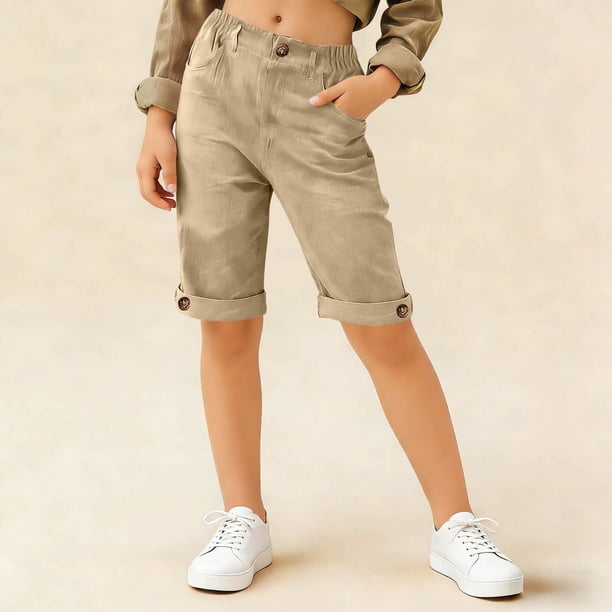 Pantalones casuales de lino ligero multicolor con puños enrollados y cintura alta para niñas Pantalones de poliéster para niños