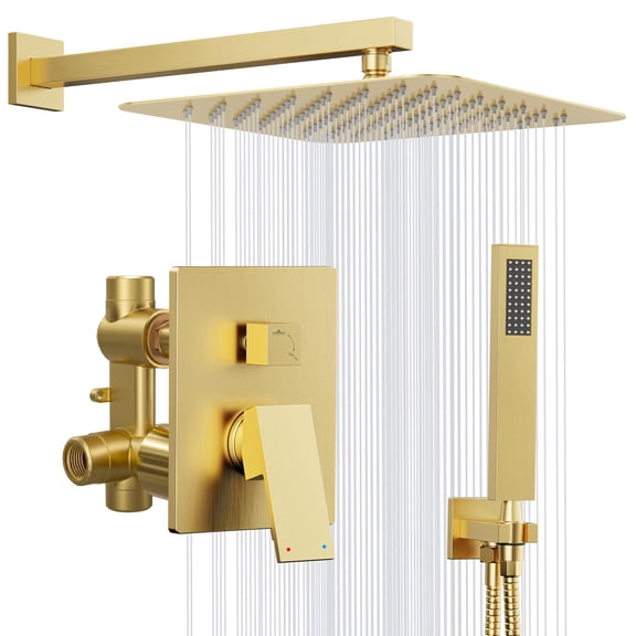 Brushed Gold 10'' Square Rainfall Handheld Shower System with Valve Trim Kit