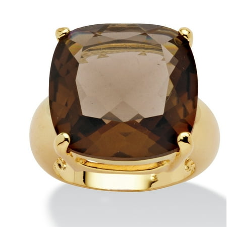 Quartz Elegant Ring 28 TCW Cushion Princess-Cut Genuine Smoky Quartz 14k Yellow Gold-Plated Multi-Faceted Ring ()