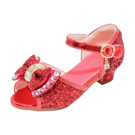 Gvdentm Toddler Girls Dress Shoes Open Front Bow Sequins Sandals for Girls Kids Princess Wedding Formal Ankle High Heel Shoes Toddler Shoes Size 7 (4.5 Red)