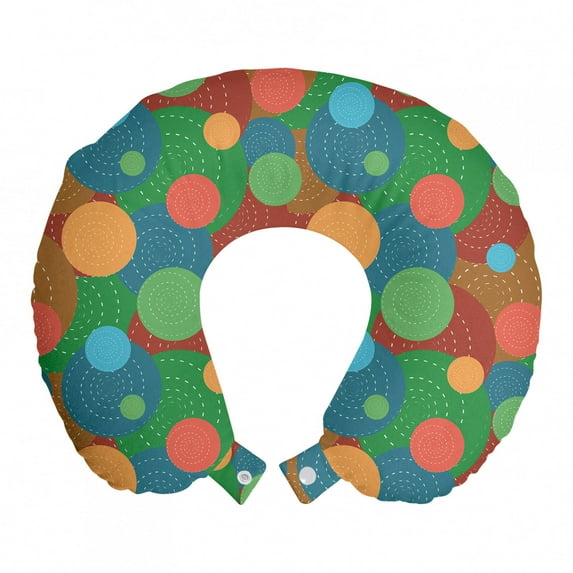 Abstract Travel Pillow Neck Rest, Creative Geometric Interlocking Dashed Circle Rounds in Various Tones Funny Theme, Memory Foam Traveling Accessory Airplane and Car, 12", Multicolor, by Ambesonne