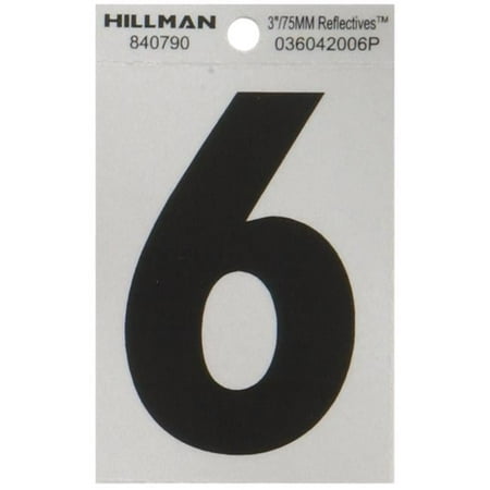 Hillman Group 840790 3 in. Black & Silver Reflective Mylar Square Cut Self Adhesive Number - 6