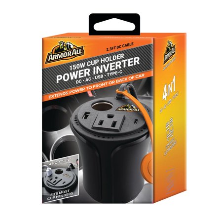 Armor All 150W Multi-Device Power Inverter, DC AC USB Type-C, 3ft Power Cable