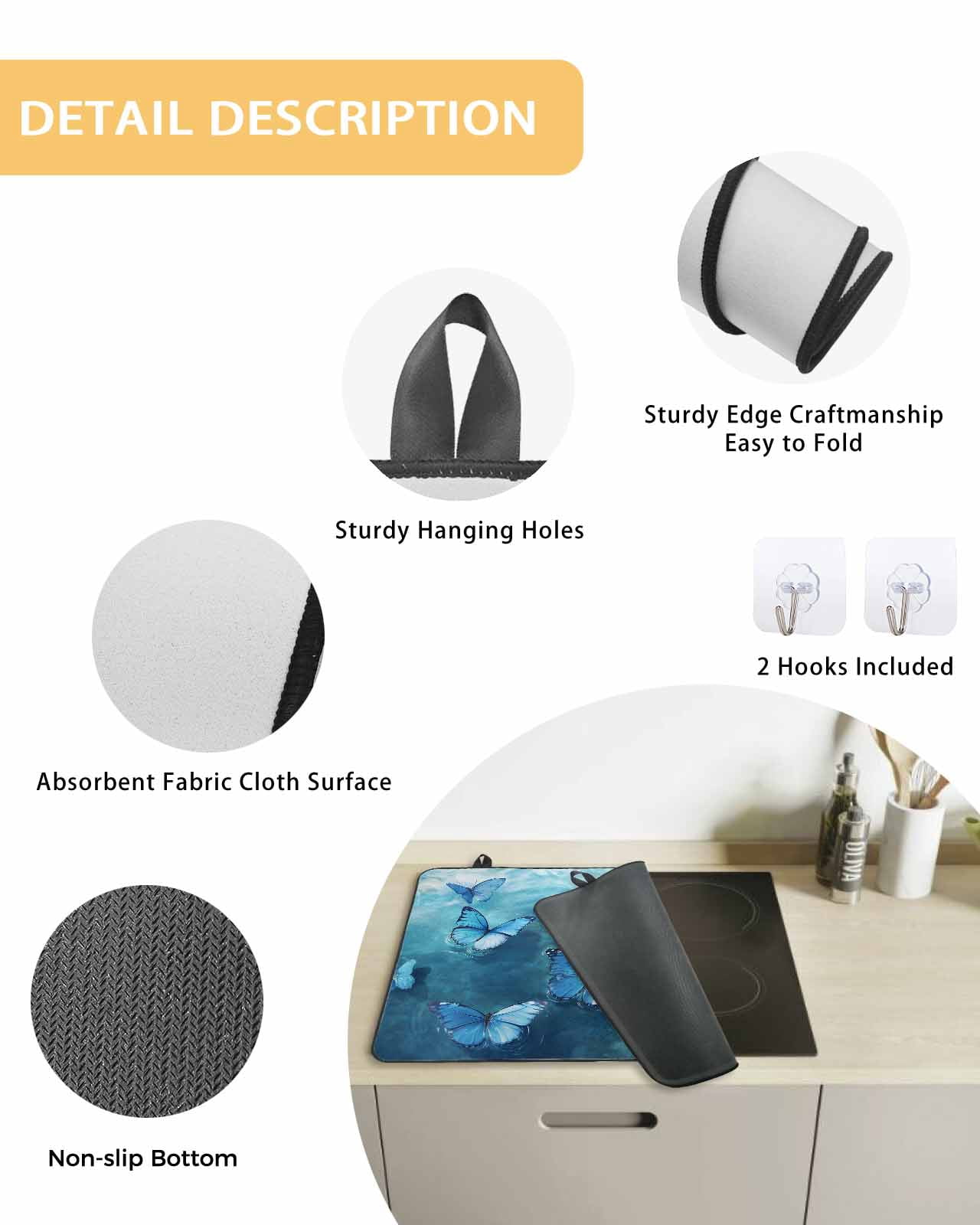 nqOlkjepod Large Induction Cooktop Protector Mat 24"x21", Blue Butterfly Stove Top Covers for Electric Stove, Modern Elegant Water Ripples Decorative Stove Burner Cover Mats, Glass Top Stove Cover