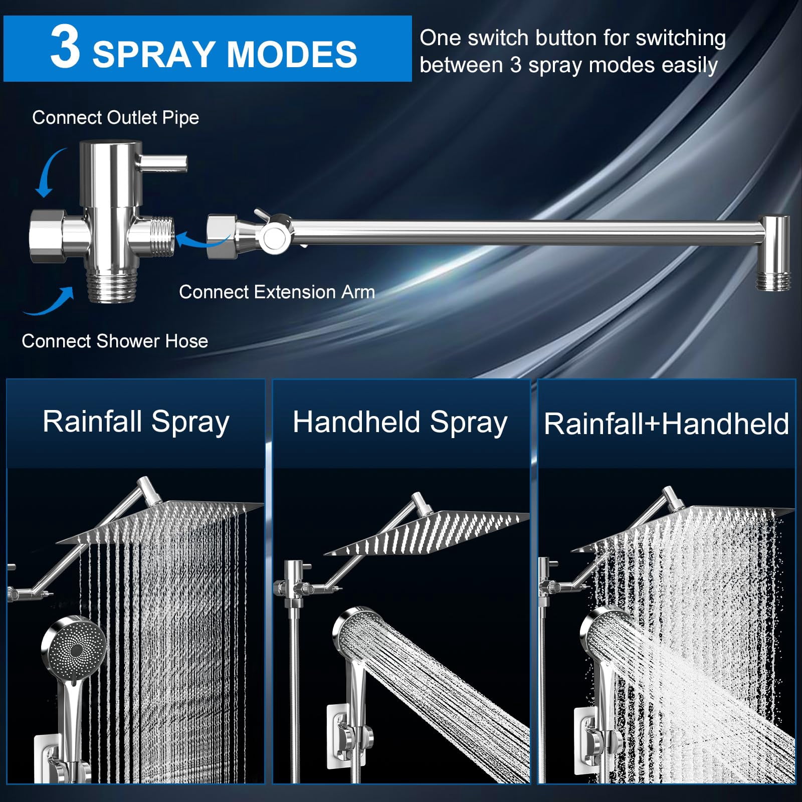 Shower Head  Rain With Handheld Spray Combo 10 Inch Adjustable High Rainfall Dual Showerhead Set Extension Arm And 60 Long Hose (silver)