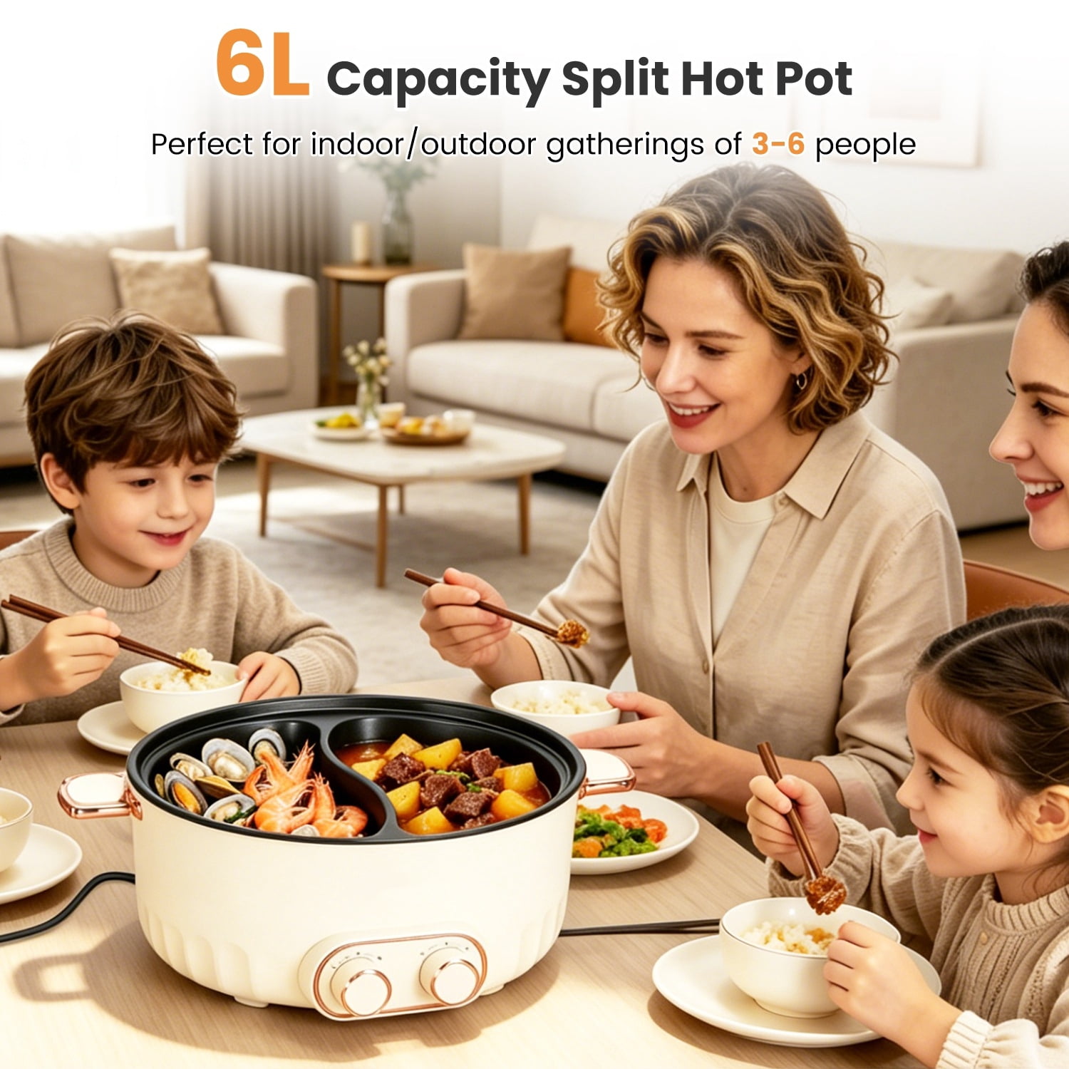 6L Electric Hot Pot with Divider Dual Flavor Non-Stick for Family Gathering