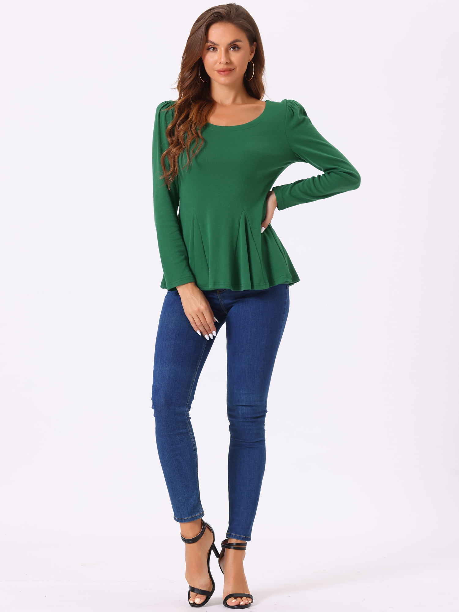 DARING DIVA Long Sleeve Scoop Neck Peplum Top M Dark Green