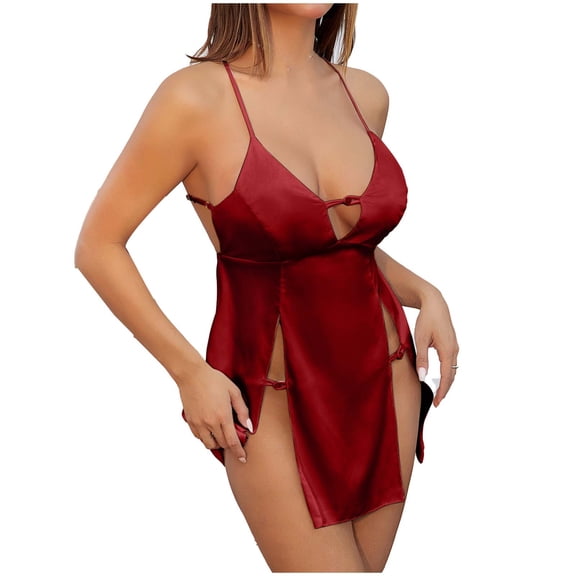 JSGEK Women Slit Spaghetti Strap Chemise Dress with Matching Thong Sheer Fabric Lingerie Set for Bedroom Wear Red M