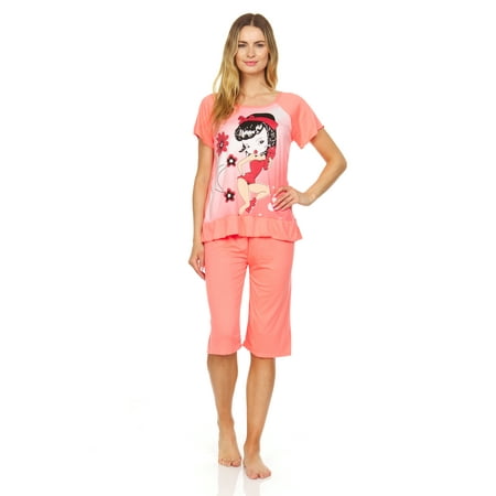 

Lati Fashion Women Capri and Short Sleeve Top 2-Piece Female Pajamas Set Peach XL