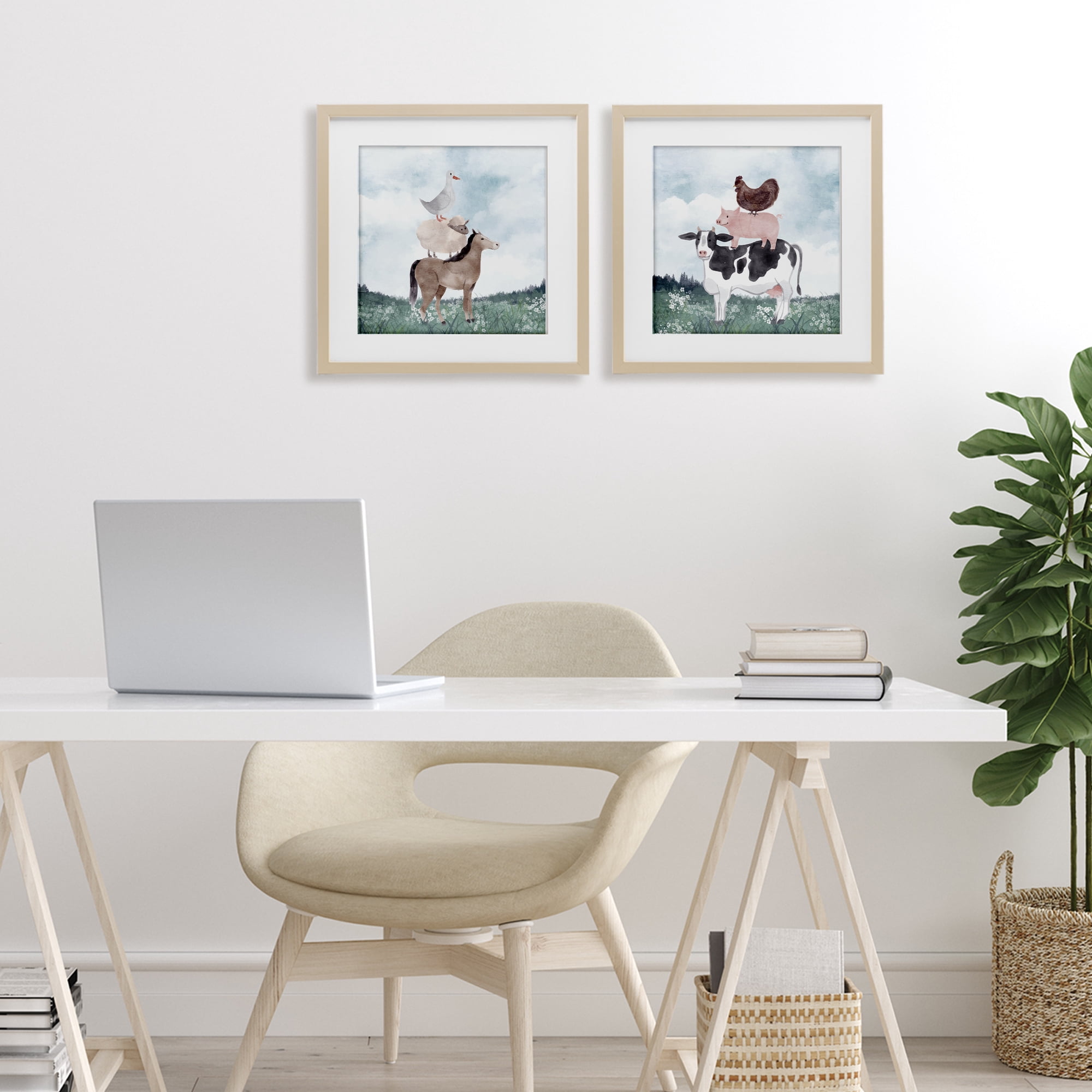 Stupell Industries Stacked Animals Blue Sky Farm 2 Piece Birch Framed Print Under Glass Set, design by Kim Allen