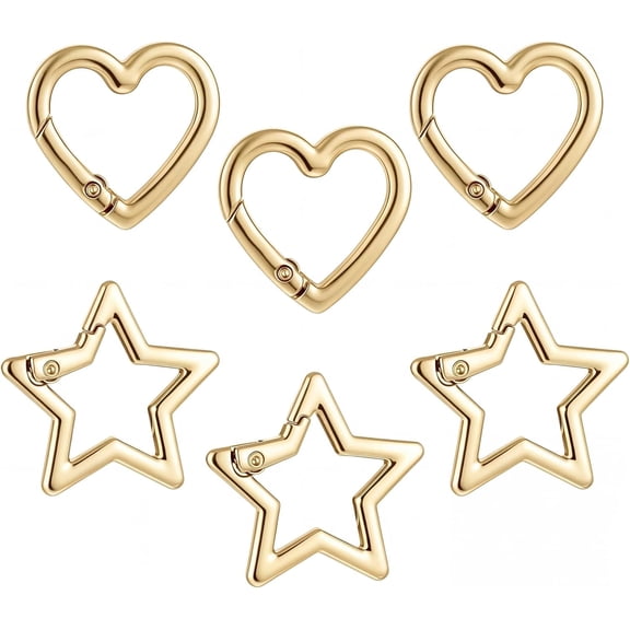 6 Pcs Star Carabiner Keychain Clip Heart Carabiner Stainless Steel Keychain Clip Heavy Duty Spring Snap Clasp Hook Small Key Holder for Keys and Wallet Hiking Camping Traveling Fishing (Gold)