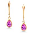 thumbnail image 3 of Gem Stone King 14K Yellow Gold Pink Created Sapphire Drop Dangle Earrings for Women (2.00 Cttw, Gemstone September Birthstone, Pear Shape 7X5MM), 3 of 5