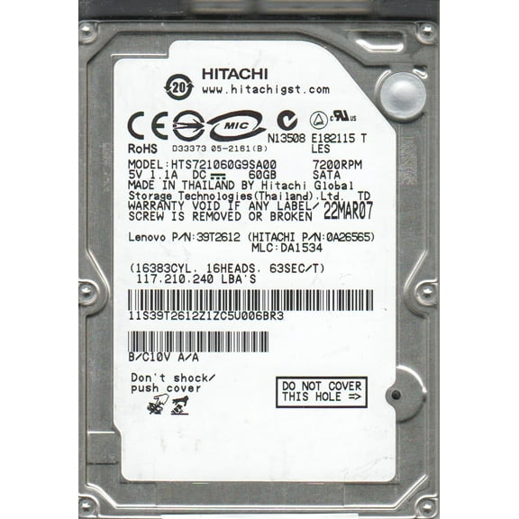 HTS721060G9SA00, PN 0A26565, MLC DA1534, Hitachi 60GB SATA 2.5 Hard Drive