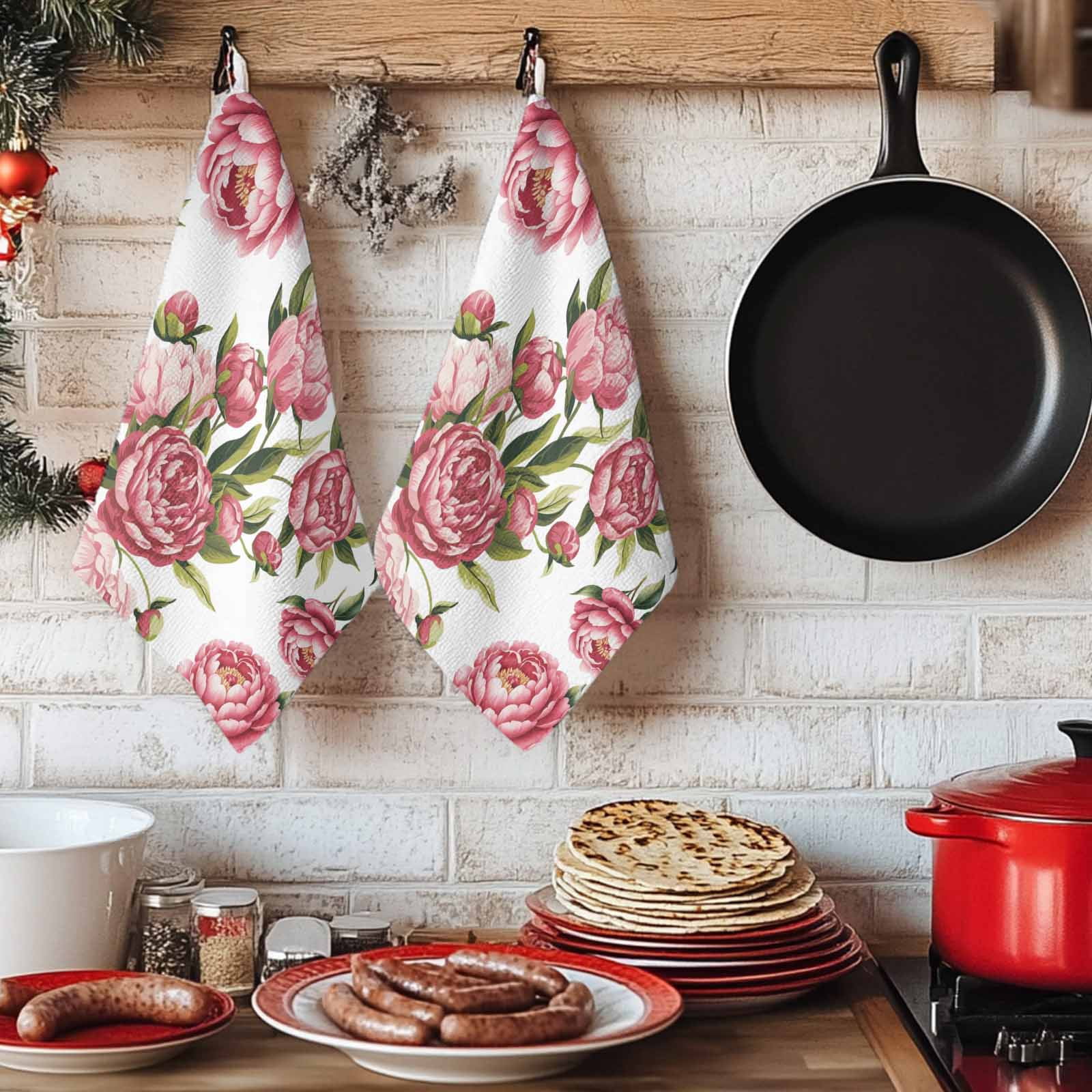 Dish Towels, Pink Rose Floral Absorbent Kitchen Towels 2 PCS, Leaves Flowers Microfiber Hand Towels Dish Cloths Tea Towels for Home&nbsp;Bathroom Cleaning Drying,18X28-Inch,