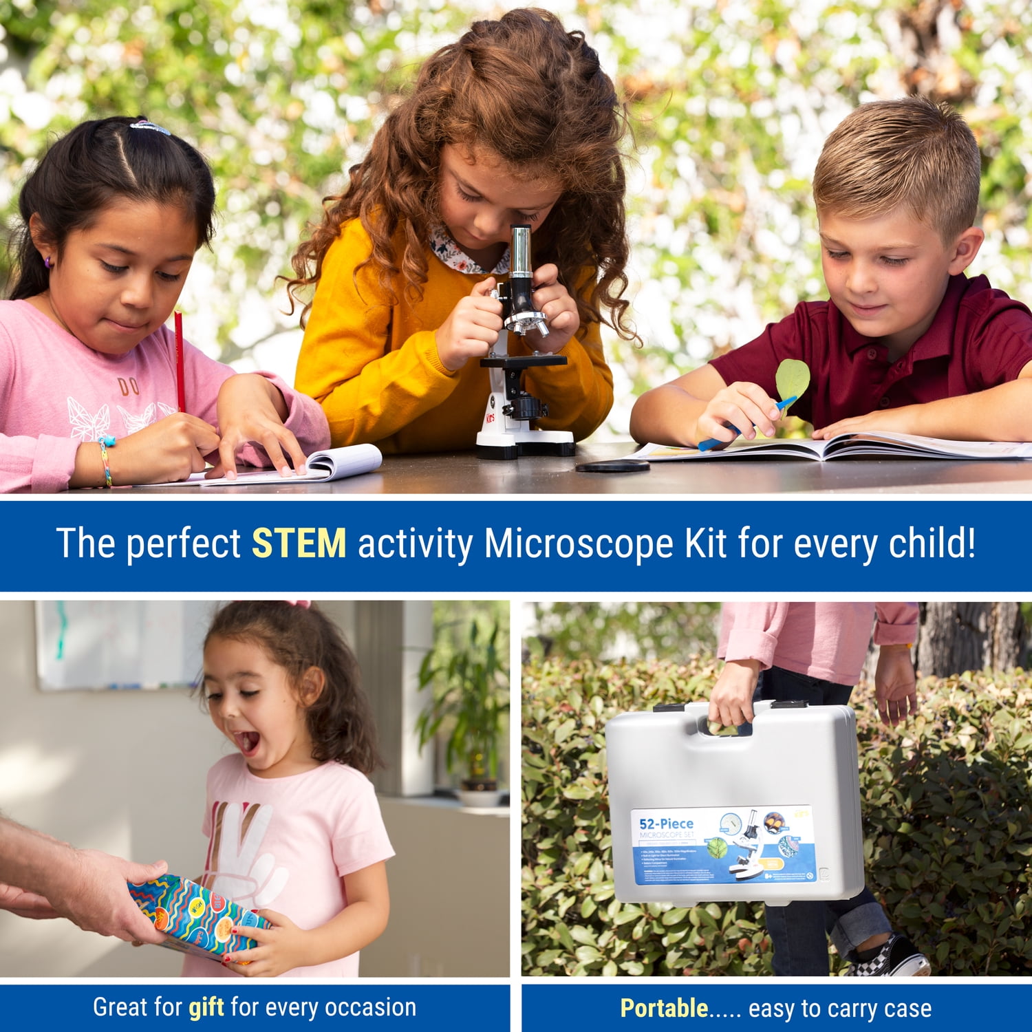 Kids 52-Piece Beginners Microscope Kit W/ 300x 600x 1200x Magnification & Case 