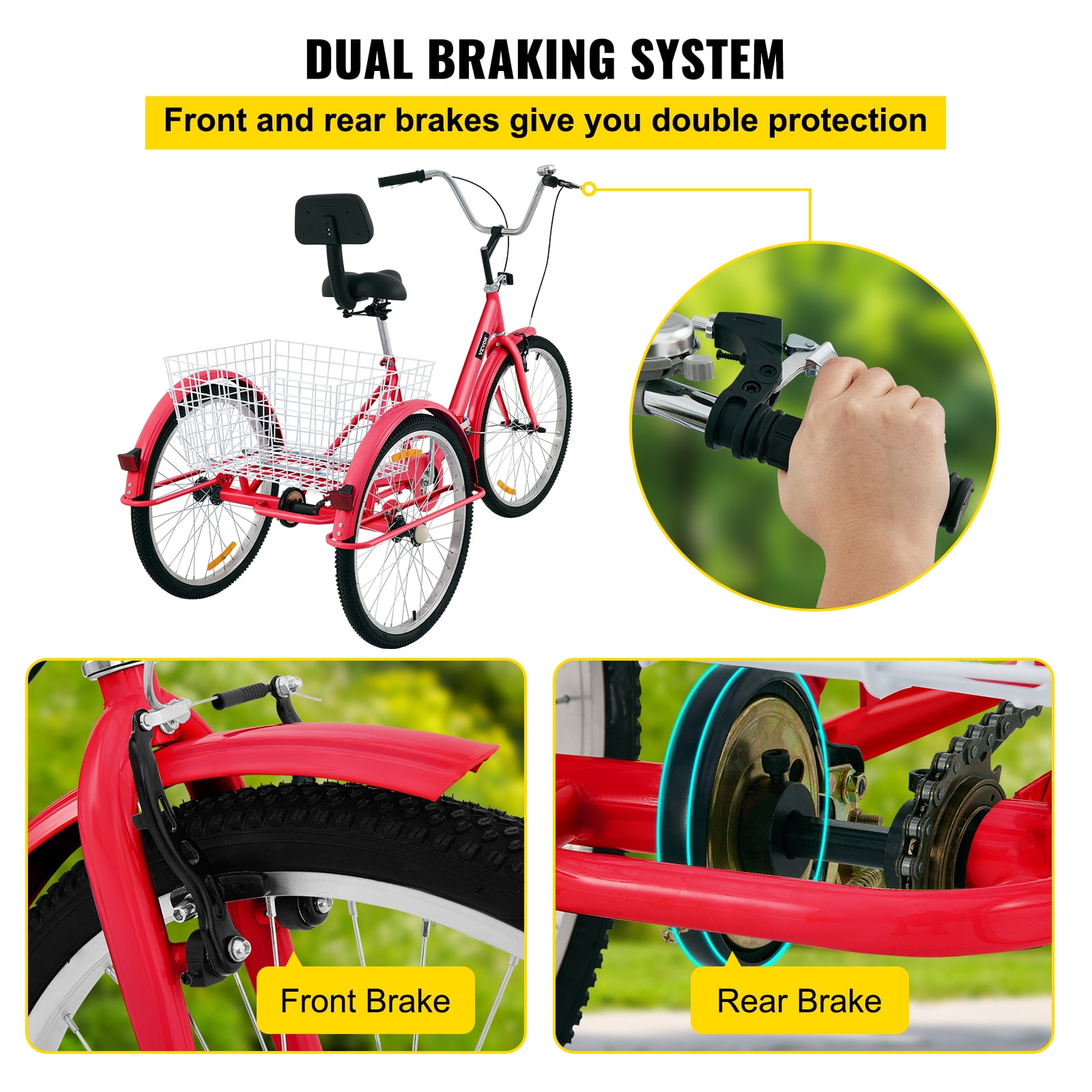 Vevor Adult Tricycle 24 Wheels 1 Speed Foldable With Basket New ZDCLC24C1SRED0001V0