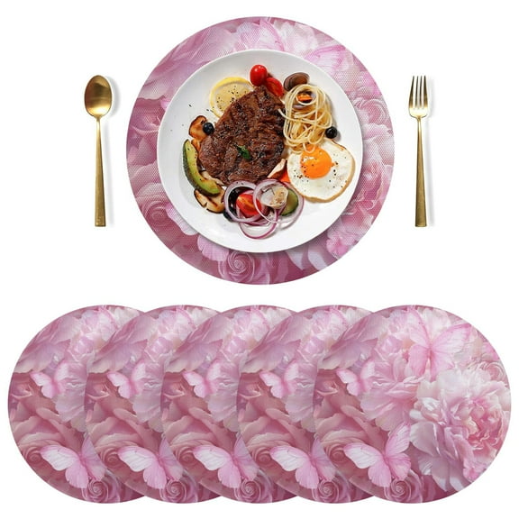 Pink Butterflies Flowers Black Round Placemats Plate Mats 15 Inch Non-Slip Heat Resistant Washable PVC Set Indoor for Kitchen Dining Table 1PC