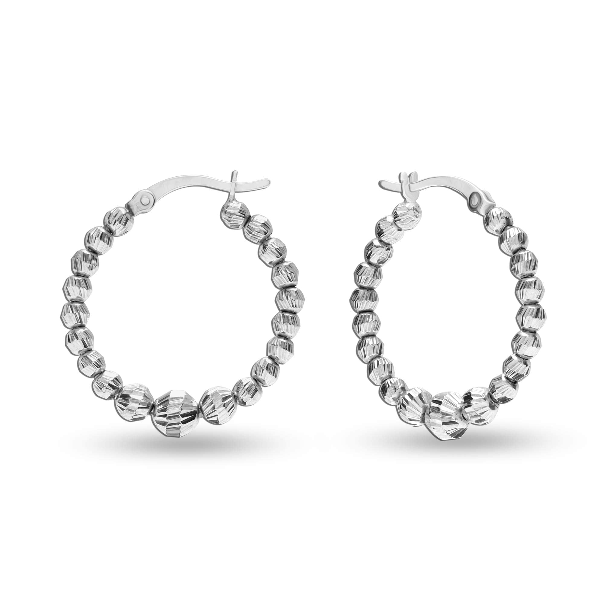 LeCalla 925 Sterling Silver Light-Weight Round Diamond-Cut Earring Hoops Jewelry Click-Top Bead Ball Diamond Cut Hoop Earrings for Women 25MM