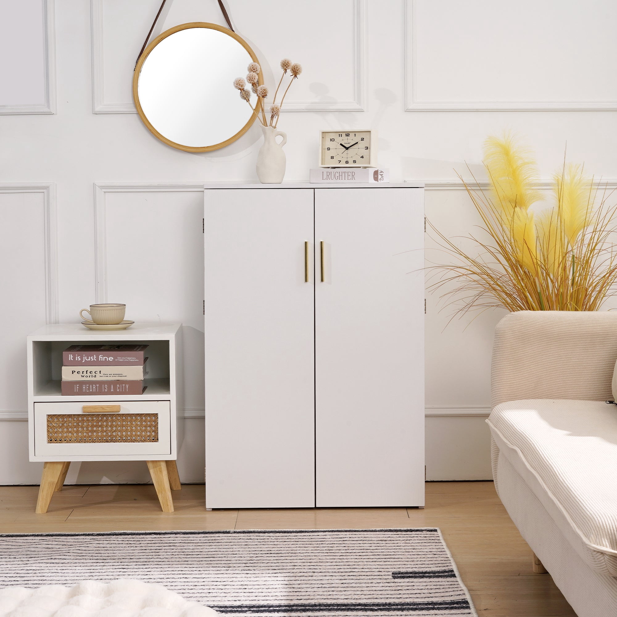 VECELO Kitchen Pantry Cabinets, Food Storage Cabinet with 2 Doors & Adjustable Shelves, Freestanding Small Cupboard for Living Room, Dining Room, Home Office, White