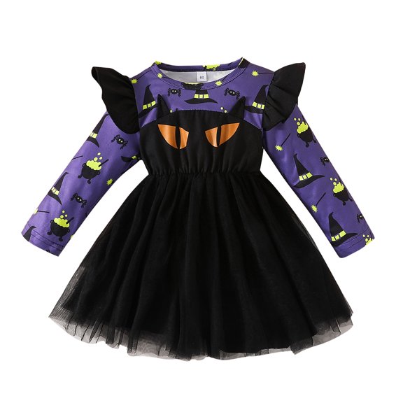 Gunia Halloween Dresses For Girls Trendy Graphic Print Mesh Dresses Toddler Long Sleeve Crew Neck Halloween Outing Dress Size 2-3 Years
