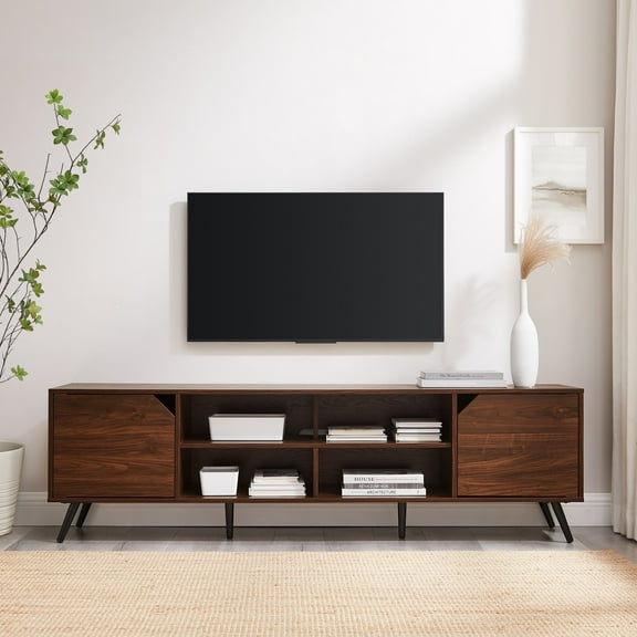 Walker Edison Mid-Century Modern Angle-Door TV Stand for TVs up to 80”, Dark Walnut