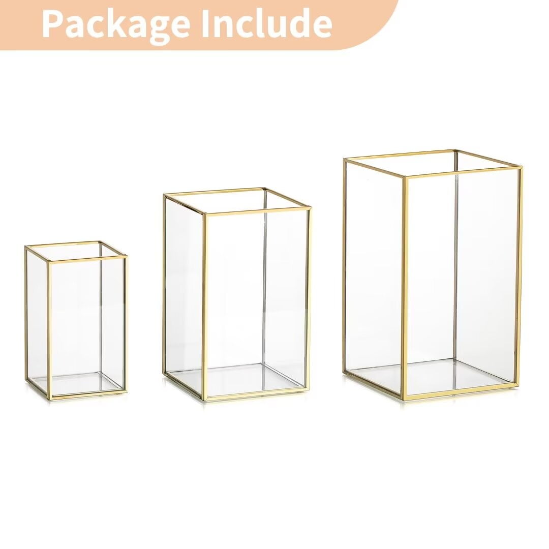 Nuptio Glass Hurricane Candle Holder Lantern for Pillar Candles， Gold Lantern Centerpiece for Tables Decorative Indoor ,Set of 3