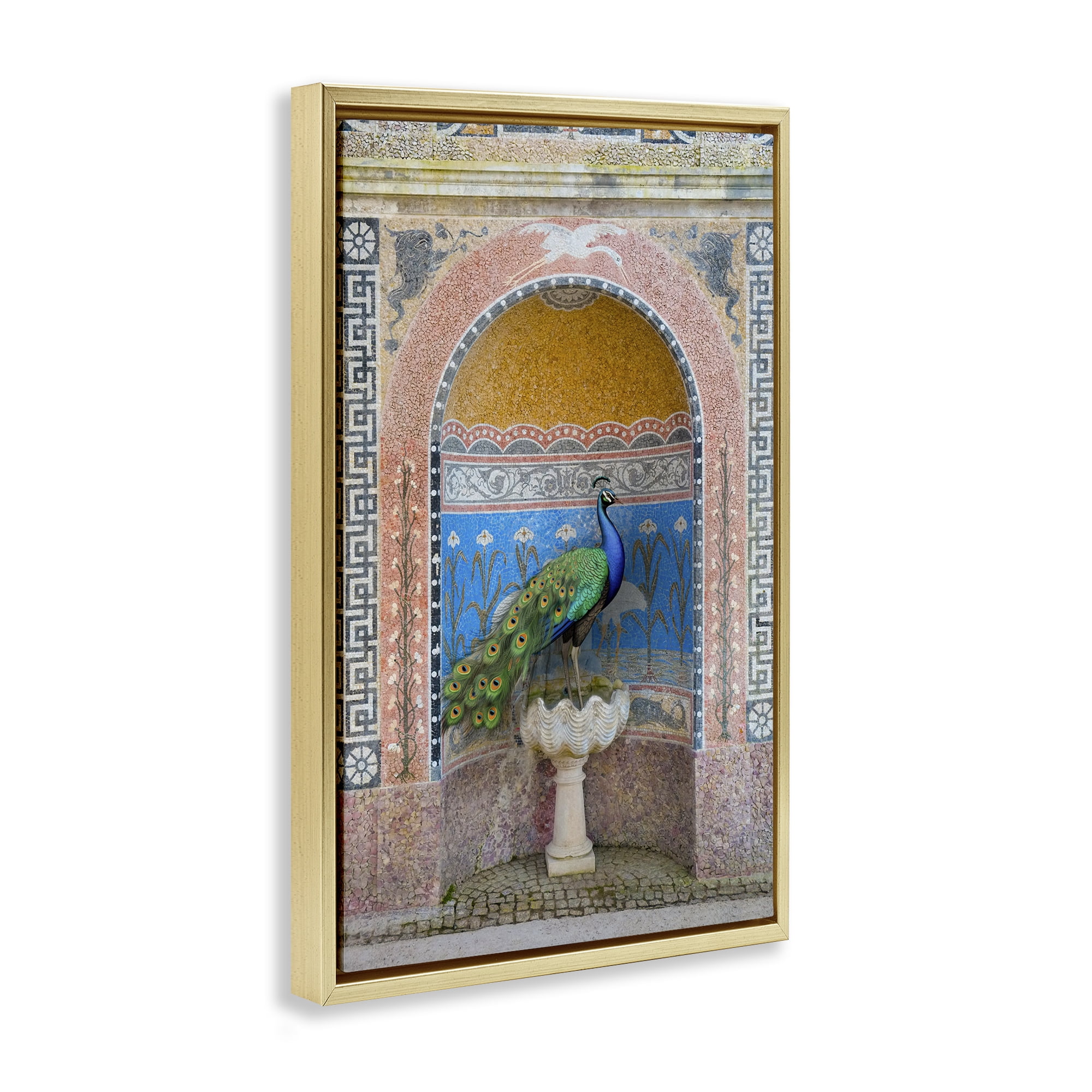 Stupell Industries Peacock with Traditional Architecture Novelty Painting Gold Floater Framed Canvas Art Print Wall Art, 17 x 25