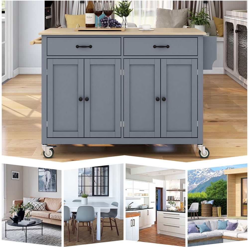 Kitchen Island Cart with Spacious Tabletop and Locking Wheels, 54.3" Large Kitchen Trolley Cart with 4 Door Cabinet and Two Storage Drawers, Spice Rack Towel Rack, Rolling Kitchen Island Cart, Blue