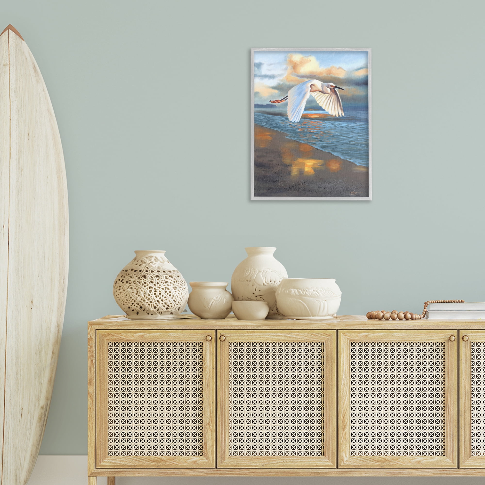 Stupell Industries Egret Wingspan over Beach Landscape Painting Gray Framed Art Print Wall Art, 24 x 30