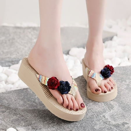 

Women Weave Beach Breathable Sandals Home Slipper Flower Flip-Flops Wedges Shoes
