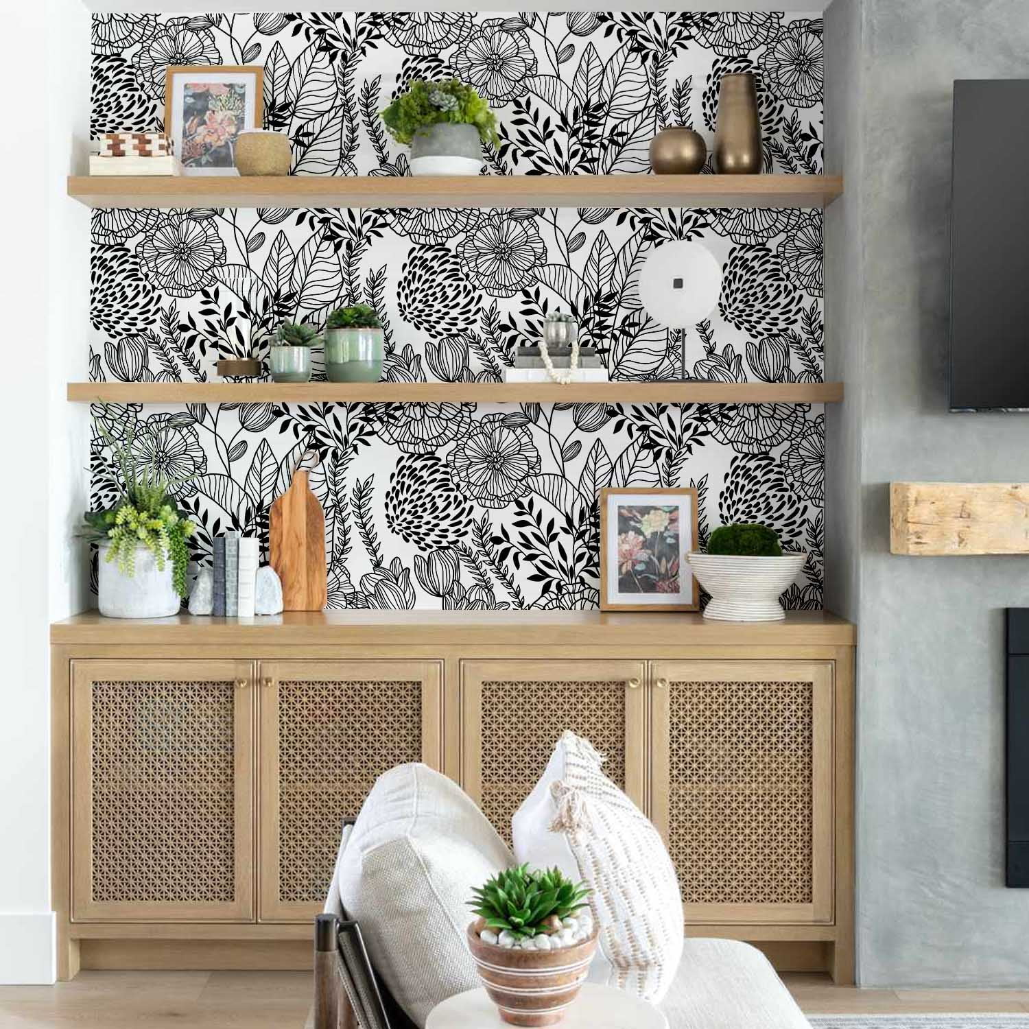 S4Sassy Peel and Stick Wall Covering, Floral Garden Wallpaper Removable Wallwrap - Black Textured Instant Wall Mural for Bedroom, Bathroom, Laundry Room, Closet Interior (25"x360" inch)
