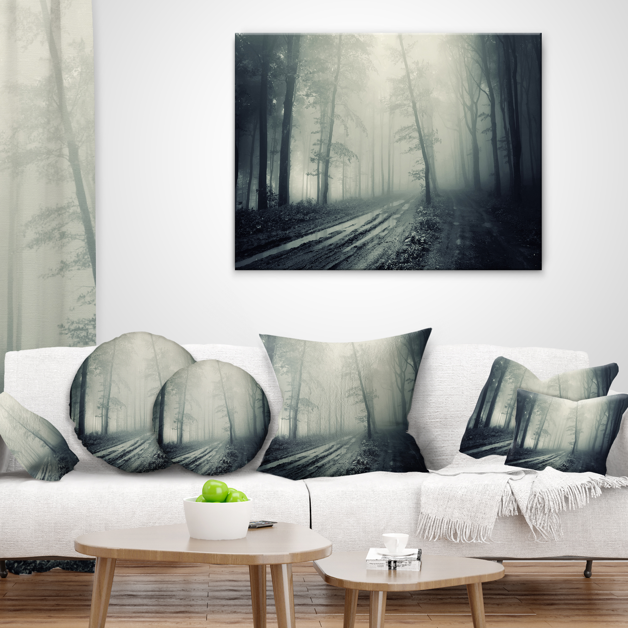 Designart Spooky Dark Forest with Fog - Landscape Photography Throw Pillow - 12x20
