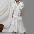 thumbnail image 2 of Vestido largo bohemio elegante para mujer, con encaje, calado, mangas abullonadas, escote en V, informal, holgado, color blanco, 2 of 4