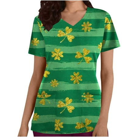 

RYRJJ St. Patrick s Day Scrub Tops Women Cute V-Neck Green Shamrocks Printed Working Uniforms Shirt 2 Pockets Holiday Tshirt(Mint Green XXL)