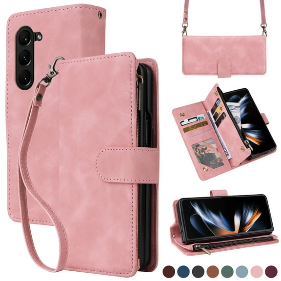 Wallet Case for Samsung Galaxy Z Fold 5 5G, Premium PU Leather Zipper Flip Folio Wallet Magnetic Snap with Detachable Wrist Strap & Shoulder Strap Built-in Kickstand Protective Case - Pink