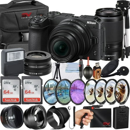 Nikon Z30 Mirrorless Camera with 50-250mm Lens   SanDisk 64GB Memory Card   Pistol Grip Tripod   SV Premium Accessory Bundle