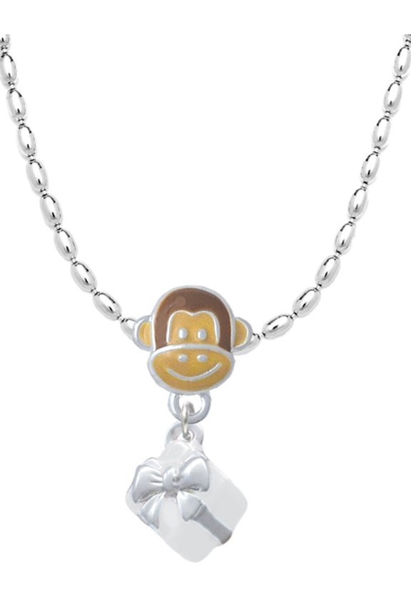 Silvertone Small 3-D White Present Box with Bow Mia Monkey Charm Necklace