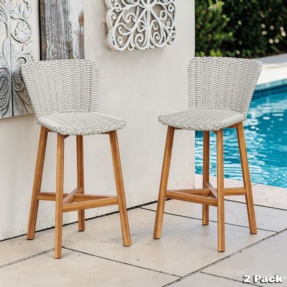 GZXS Outdoor Barstools Set of 2, PE Wicker Counter Height Chairs with Acacia Wood Legs, All-Weather Patio Seating for Patio, Deck, Garden, Light Gray